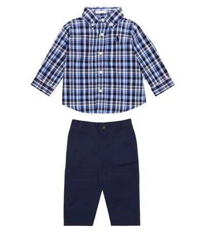 Polo Ralph Lauren Baby Checked Cotton Shirt And Pants Set In 5858 Navy Multi