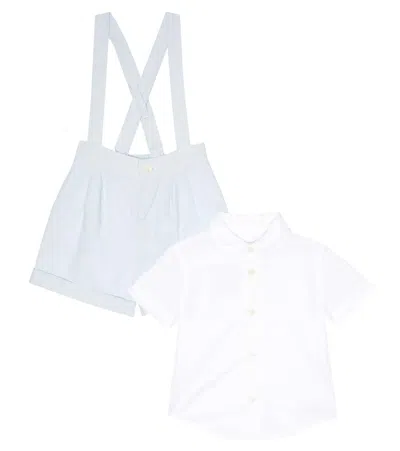 Polo Ralph Lauren Baby Cotton And Linen Shirt And Overalls Set In Beryl Blue/white