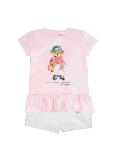 Polo Ralph Lauren Baby Girl's 2-piece Polo Bear Peplum T-shirt & Shorts Set In Hint Of Pink Tie Dye