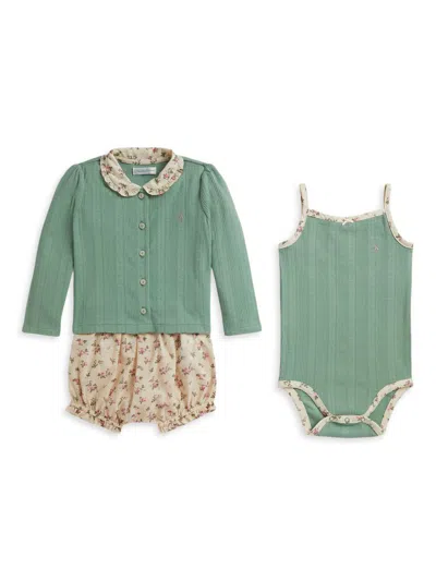 Polo Ralph Lauren Baby Girl's 3-piece Cardigan, Bloomers & Bodysuit Set In Green