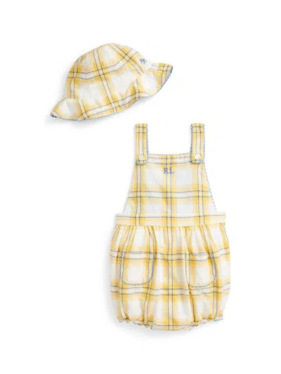 Polo Ralph Lauren Baby Girl's Gingham Shortall & Hat Set In Yellow