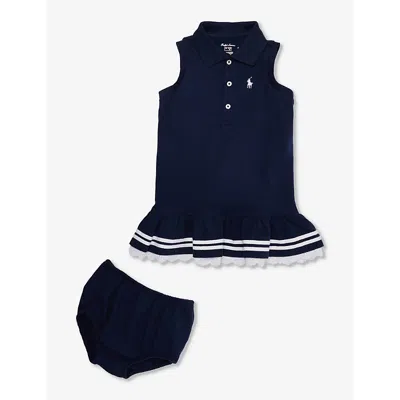 Polo Ralph Lauren Girls Navy Kids Baby Girl Logo-embroidered Frilled Trim Stretch-cotton Dress And B