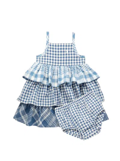 Polo Ralph Lauren Baby Girl's Plaid Tiered Dress & Bloomers Set In Blue Gingham