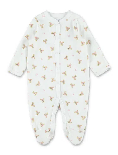 Polo Ralph Lauren Baby Girl Polo Bear Cotton Coverall With Snap Closure And Long Sleeves In Bianco