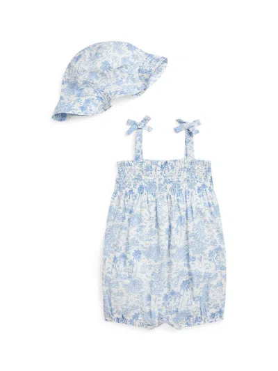 Polo Ralph Lauren Baby Girl's Riviera-print Cotton Bubble Romper & Bucket Hat Set In Blue
