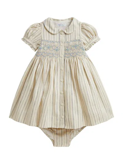 Polo Ralph Lauren Baby Girl's Smocked Linen-cotton Dress & Bloomers Set In Brown