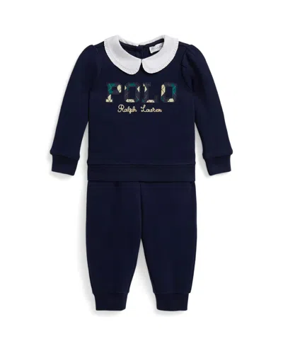 Polo Ralph Lauren Baby Girls 2-piece Argyle-logo Fleece Sweatshirt And Pants Set In Blue