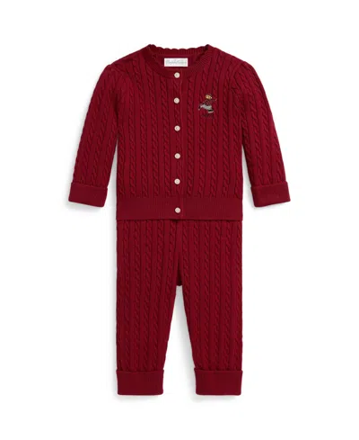 Polo Ralph Lauren Baby Girls 2-piece Cotton Cardigan And Pants Set In Red