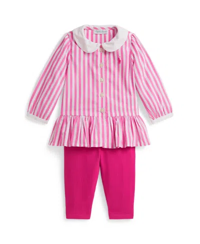 Polo Ralph Lauren Baby Girls 2-piece Long Sleeves Striped Top And Leggings Set In Pink