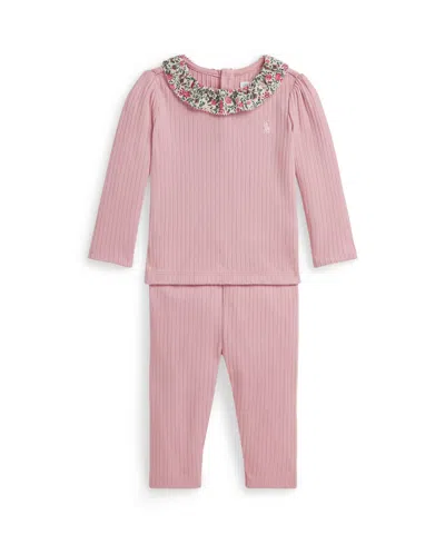 Polo Ralph Lauren Baby Girls 2-piece Rib-knit Long Sleeve Top And Legging Set In Pink