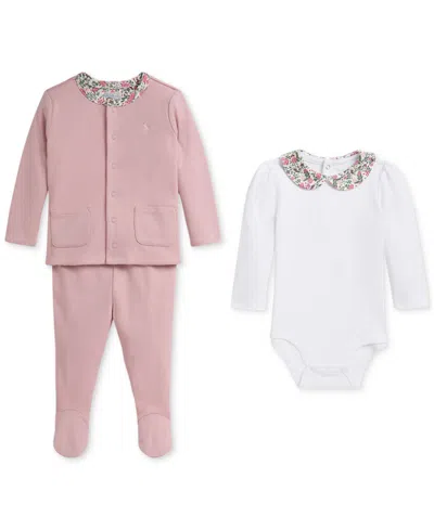 Polo Ralph Lauren Baby Girls Bodysuit, Pant & Reversible Jacket Set In Pink