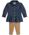 Polo Ralph Lauren Baby Girls Denim Peplum Shirt & Leggings Set In Blue
