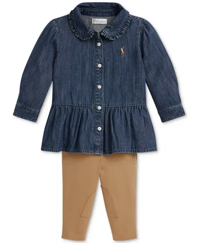 Polo Ralph Lauren Baby Girls Denim Peplum Shirt & Leggings Set In Blue