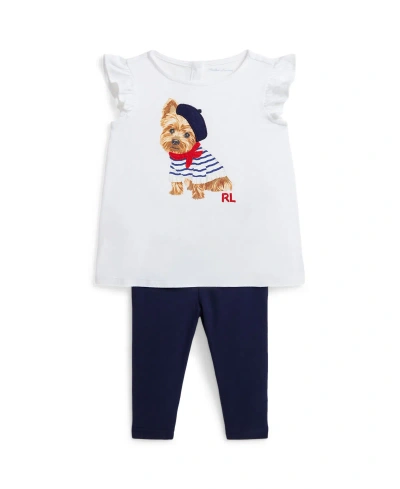 Polo Ralph Lauren Baby Girls Dog Cotton Jersey T Shirt And Leggings Set In White,navy