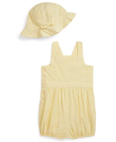Polo Ralph Lauren Baby Girls' Eyelet Straight Neck Shortall And Hat, 2-piece Set In Yellow