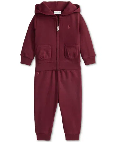 Polo Ralph Lauren Baby Girls Fleece Hoodie & Pant Set In Burgundy