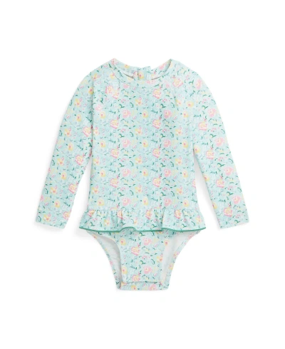 Polo Ralph Lauren Baby Girls Floral Ruffled One Piece Crewneck Rash Guard In Simone Floral With Celestial Blue