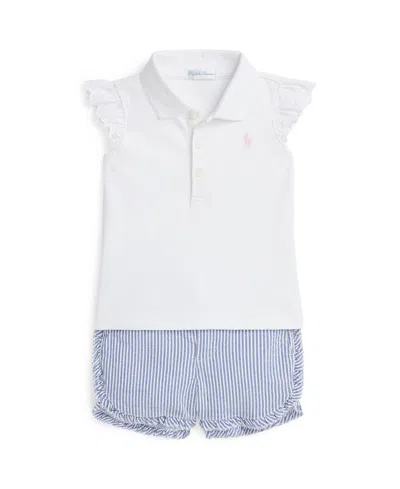 Polo Ralph Lauren Baby Girls Mesh Polo Shirt And Seersucker Shorts Set In Blue,white