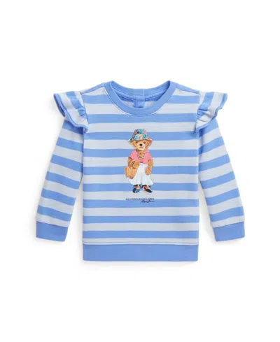 Polo Ralph Lauren Baby Girls Polo Bear French Terry Long Sleeve Sweatshirt In Harbor Island Blue With Oxford Blue
