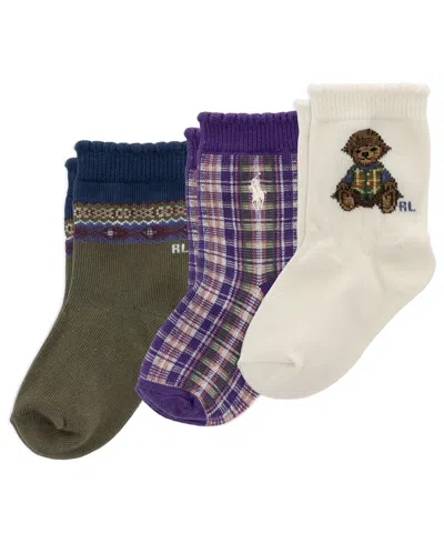 Polo Ralph Lauren Baby Girls' Polo Bear Plaid Fair Isle Crew Socks, 3-pack In Multi