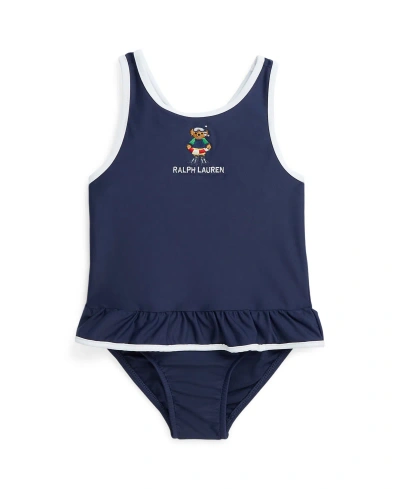 Polo Ralph Lauren Baby Girls Polo Bear Ruffled One Piece Round Neck Swimsuit In Newport Navy With White