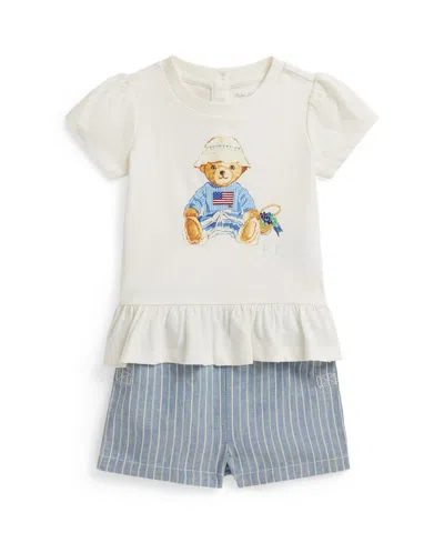 Polo Ralph Lauren Baby Girls' Polo Bear Top And Shorts, 2-piece Set In Blue