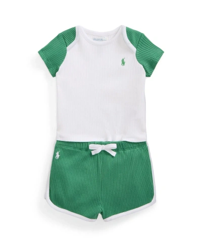 Polo Ralph Lauren Baby Girls Ribbed Cotton T-shirt And Shorts Set In Raft Green