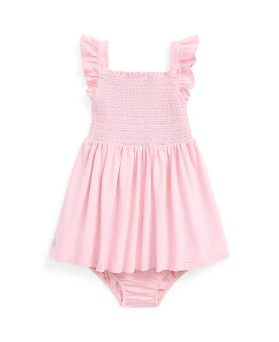 Polo Ralph Lauren Baby Girls Smocked Cotton Jersey Dress And Bloomer Set In Garden Pink With Blue Hyacinth