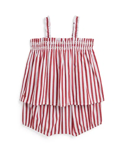 Polo Ralph Lauren Baby Girls Striped Cotton Poplin Top And Bloomer Set In White Red