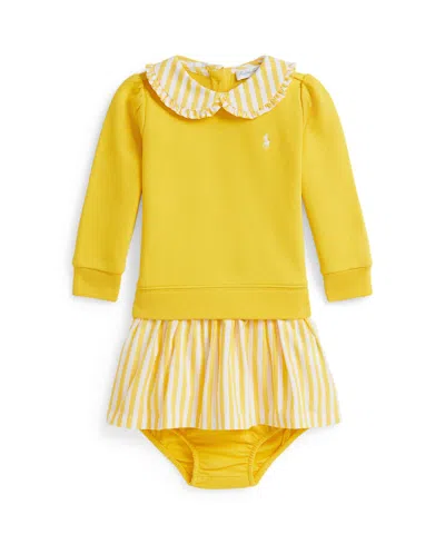 Polo Ralph Lauren Baby Girls Striped Loopback Fleece Dress And Bloomer In Yellow