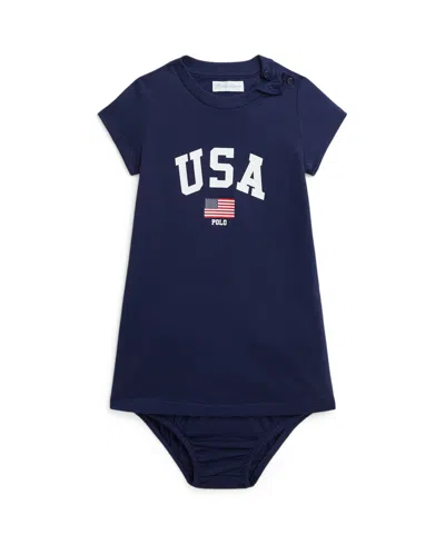 Polo Ralph Lauren Baby Girls Team Usa Cotton T-shirt Dress & Bloomer In Refined Navy