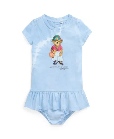 Polo Ralph Lauren Baby Girls Tie-dye Polo Bear Cotton Dress And Bloomer Set In Carolina Blue Tie Dye