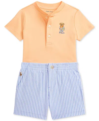 Polo Ralph Lauren Baby Boys Polo Bear Henley Shirt & Mesh Short Set In Orange