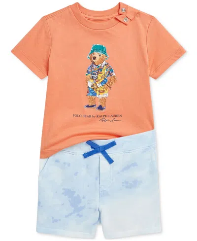 Polo Ralph Lauren Baby Boys Polo Bear Tee & French Terry Short Set In Orange