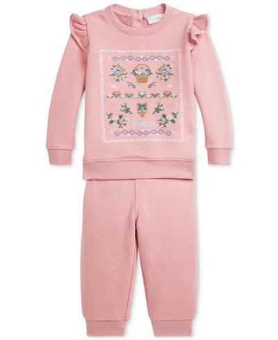 Polo Ralph Lauren Baby Ruffled Fleece Sweatshirt & Pants Set In Adirondack Rose