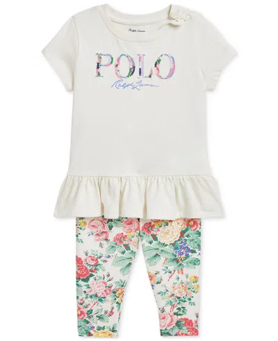 Polo Ralph Lauren Babies' Ralph Lauren Logo Appliqué Cotton Peplum Graphic T-shirt & Floral Leggings Set In Multi