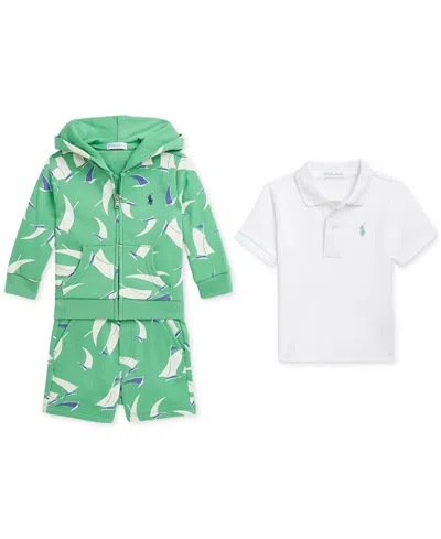 Polo Ralph Lauren Baby Boys Sailboat-print Hoodie, Polo Shirt & Short Set In Green
