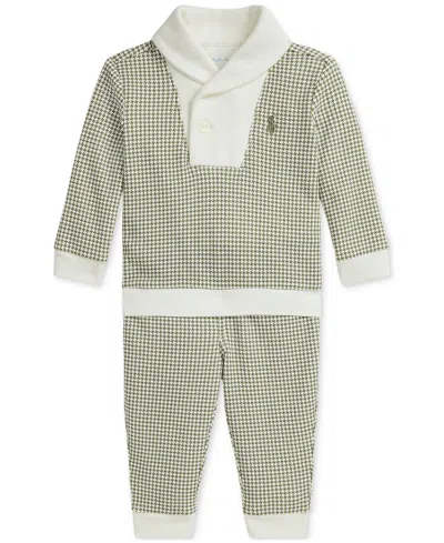 Polo Ralph Lauren Baby Shawl-collar Houndstooth Sweater & Pant Set In Grey