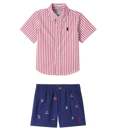 Polo Ralph Lauren Baby Striped Cotton Shirt And Shorts Set In Red