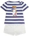 Polo Ralph Lauren Baby Girls Striped Polo Bear Tee & Twill Short Set In Blue