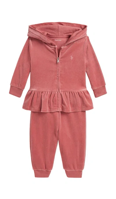 Polo Ralph Lauren Baby Two Piece Set Long Sleeve Cotton Velour Full Zip Sweatshirt With Jogger In Pink