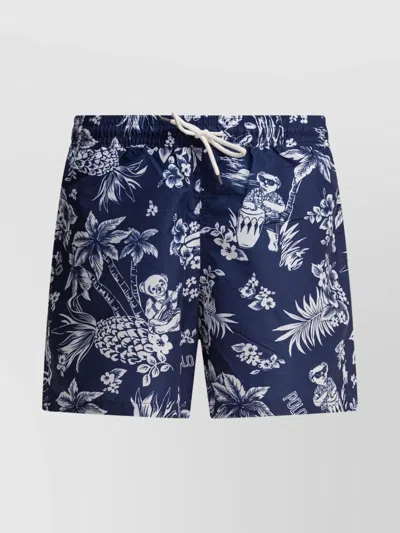Polo Ralph Lauren Traveler Icon Logo 2 Tone Bear Print Swim Shorts Classic Fit In Blue