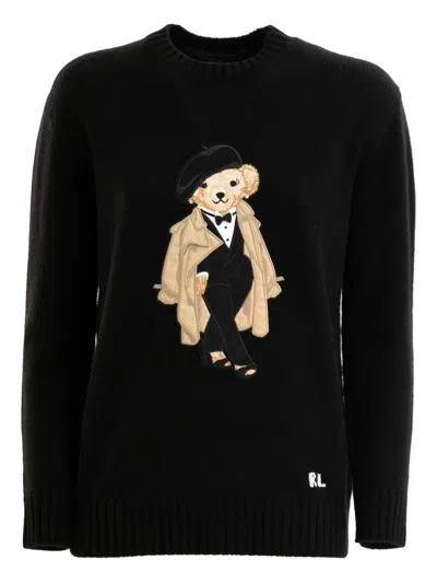 Polo Ralph Lauren Bear-embellished Crew-neck Sweater In Black
