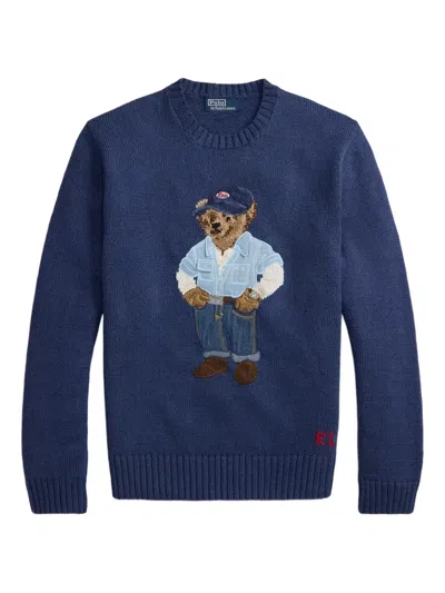 Polo Ralph Lauren Original Label Cotton Linen Denim Bear Crewneck Sweater Light Navy In Blue