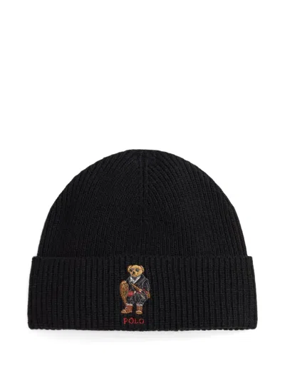 Polo Ralph Lauren Bear-embroidered Ribbed Beanie In Black