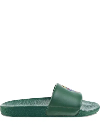 Polo Ralph Lauren Bear-embroidered Slides In Green