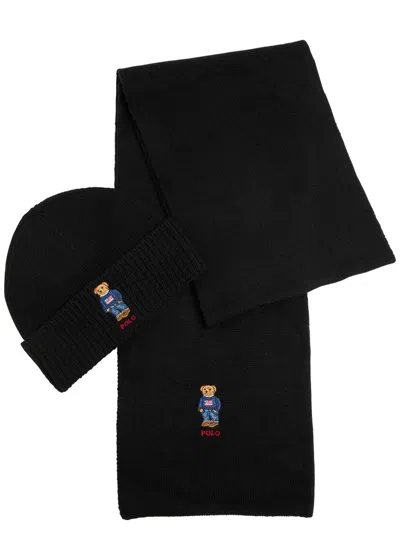 Polo Ralph Lauren Bear Knitted Beanie And Scarf Set In Black