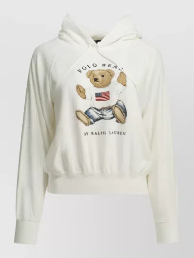 Polo Ralph Lauren Bear Motif Hooded Knit Sweatshirt Long Sleeves In White