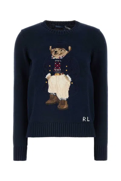 Polo Ralph Lauren Crew Neck Embroidered Knit Sweater In Navy