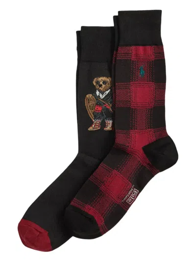 Polo Ralph Lauren Bear Plaid Crew Socks (pack Of Two) In Black